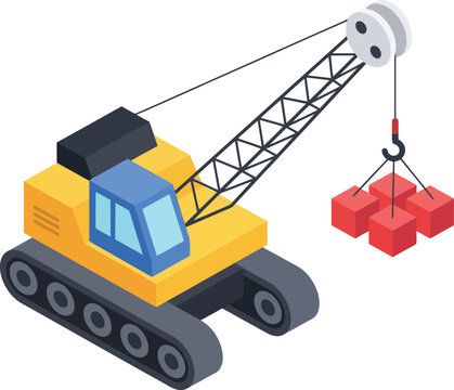 Yellow crawler crane lifting red cubes, isometric construction scene