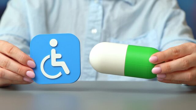 A medicinal capsule and a symbol of a person with a disability in hands. Accessible medications for vulnerable groups and inclusive healthcare support for people with special needs.