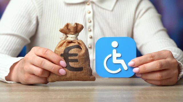 Symbol of a person with a disability and a dollar money bag in hand. Cash benefits and social payments. Budget line item for supporting vulnerable groups.
