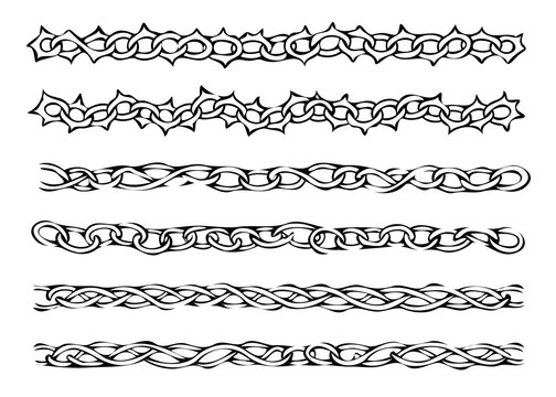 Set of silhouettes braids borders. Twisted Rope Decorative Elements. Barbed Wire black and white illustration. Barbwire hand drawn doodle. Intertwined Chain Link, Thorn, Spiral motifs Scribble Line. 
