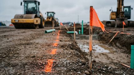 Fototapeta premium Construction site with road roller machine and orange marker flags on trench, infrastructure building industry, heavy equipment work in progress
