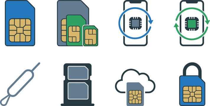 Mobile phone sim card icon set featuring nano micro embedded esim cellular smartphone chip tray opener pin vector
