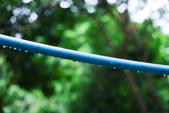 Water droplet blue pipe green forest rainwater moisture nature background, creating fresh outdoor atmosphere with vivid color, soft bokeh, and delicate droplets hanging along curved surface