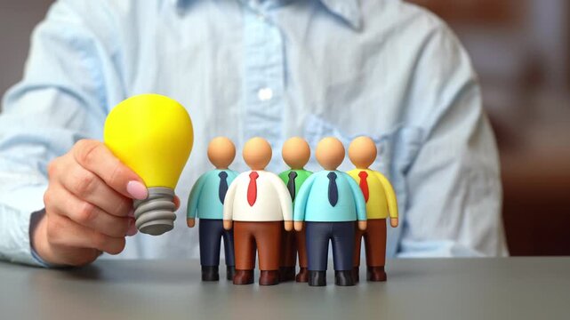 A lightbulb of an idea shines over a team of office workers. A leader inspires his subordinates. A project manager. Creative leadership concept, motivation and vision. Innovation culture