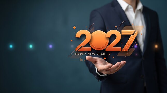 A confident business professional demonstrates a forward thinking digital concept for the year two thousand twenty seven