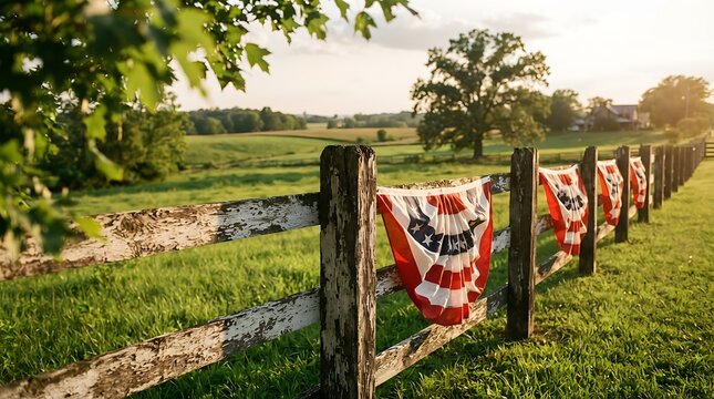 Patriotic american bunting decorations hanging on a rustic wooden fence in a rural countryside field