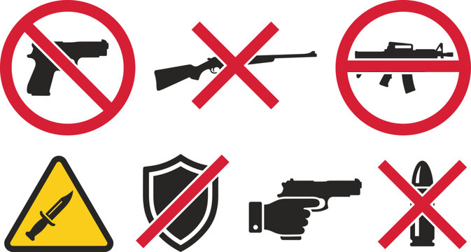 No weapons warning signs set featuring gun prohibition handgun restrictions no hunting knife warning and bullet safety symbols