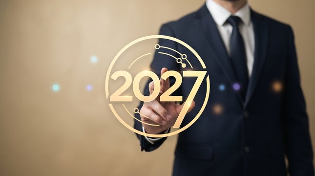 A sharply dressed business professional engages with a vibrant futuristic digital interface displaying the year two thousand twenty seven