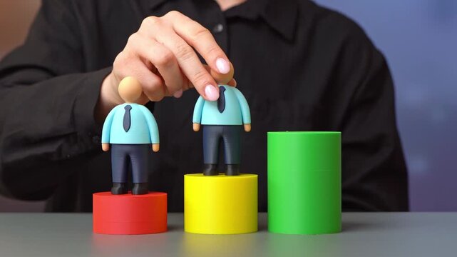 Woman places employees on steps. Evaluating the best and worst employees or entrepreneurs. Performance ranking, leadership, competition, career progression, talent management, and workplace hierarchy.