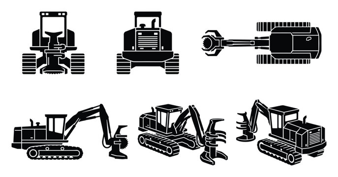 Forestry heavy machinery set, black white industrial equipment, timber harvesting, vector illustration