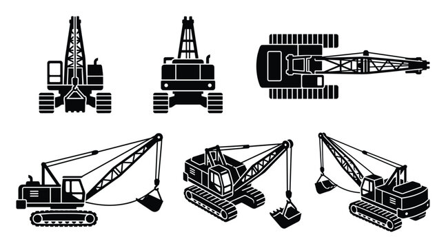 Dragline excavator set, construction machinery, industrial equipment, digging work, black white, vector illustration