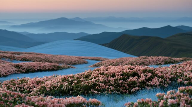 Blooming rhododendron shrubs in clusters across rolling Carpathian mountain hills at dusk, with a soft misty glow for nature and travel backgrounds