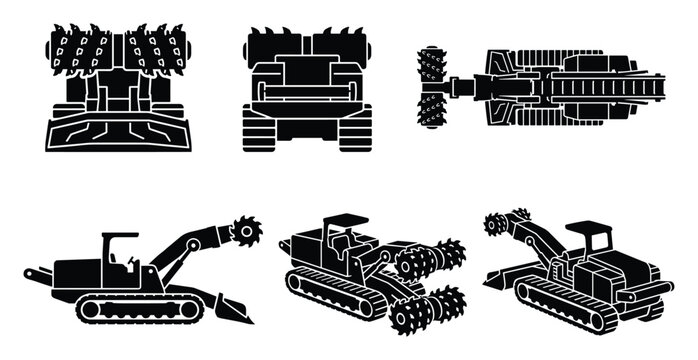 Tunnel boring machine set, black white construction equipment, engineering drilling industry, vector illustration