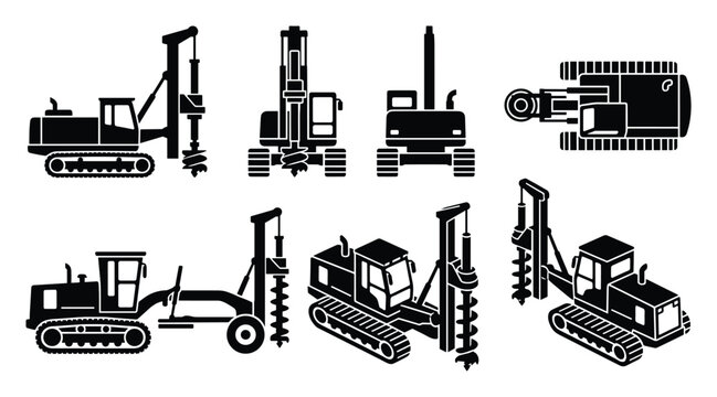 Drilling rig machine set, black white construction equipment, industrial engineering, vector illustration