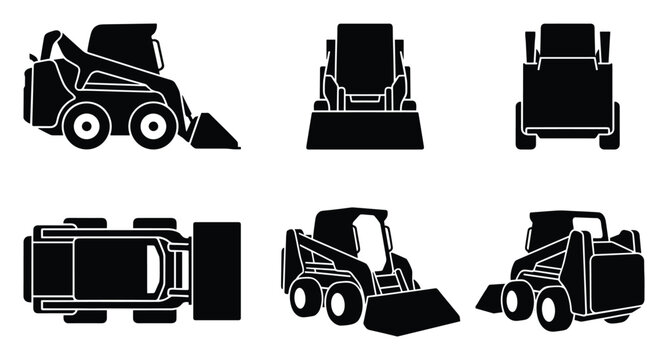 Skid steer loader construction machine set, heavy equipment vehicle, industrial work, black white, flat art