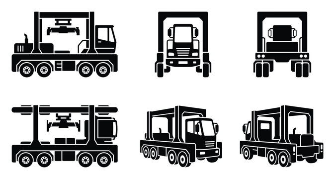 Straddle carrier vehicle set, heavy duty container lifter, cargo transportation, black white freight, vector illustration