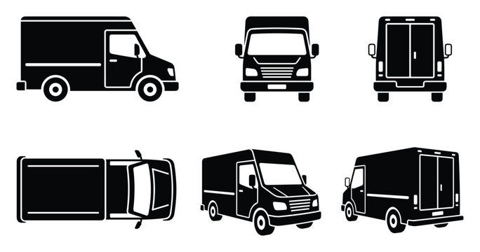 Delivery van truck car, black white cargo vehicle, side front back top perspective, vector illustration