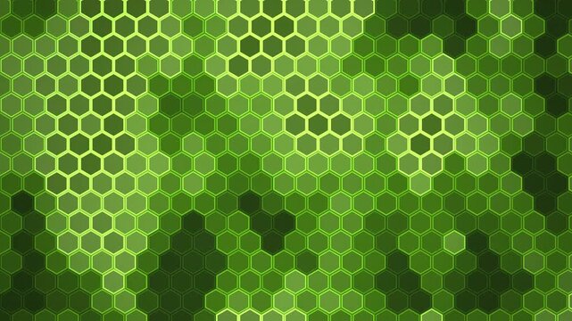 Abstract green honeycomb pattern background with glowing geometric hexagons and soft light for modern ecological technology design