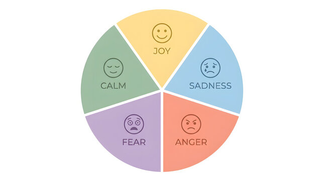 Emotional intelligence color wheel chart with facial expressions depicting joy calm sadness fear and anger.
