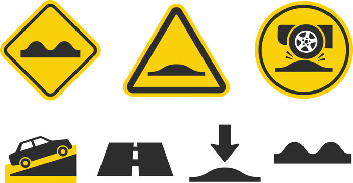 Road safety traffic signs collection featuring speed bump hump uneven street slope hill climb arrow wheel vector graphic