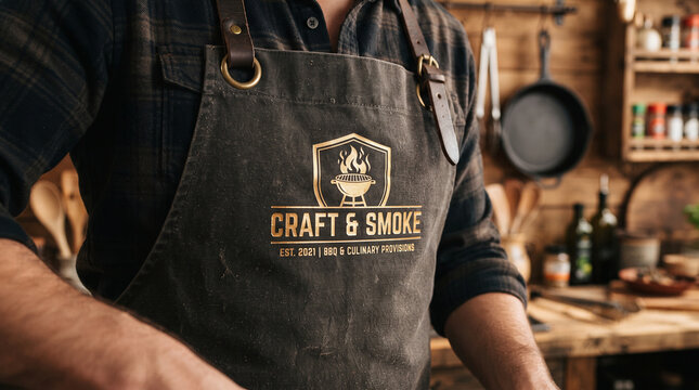 Dark canvas barbecue apron mockup with leather straps on chef in rustic kitchen with gold bbq grill shield logo