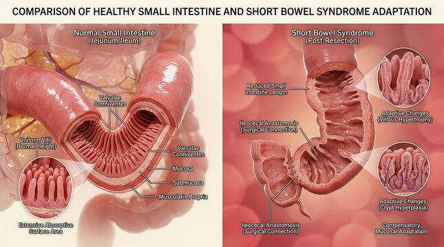 Healthy Small Intestine Versus Short Bowel Syndrome Reduced Length and Villous Hypertrophy