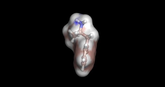 Dextroamphetamine (Dexedrine), central nervous system stimulant enantiomer used to treat attention deficit hyperactivity disorder (ADHD) and narcolepsy, 3D molecule spinning, 4K