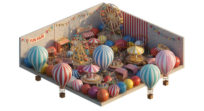 Colorful Isometric 3D Miniature Funfair with Hot Air Balloons and Rides