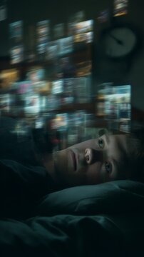 A young man lies awake in bed surrounded by floating digital images representing thoughts and dreams reflecting on modern technology and life. Generative AI