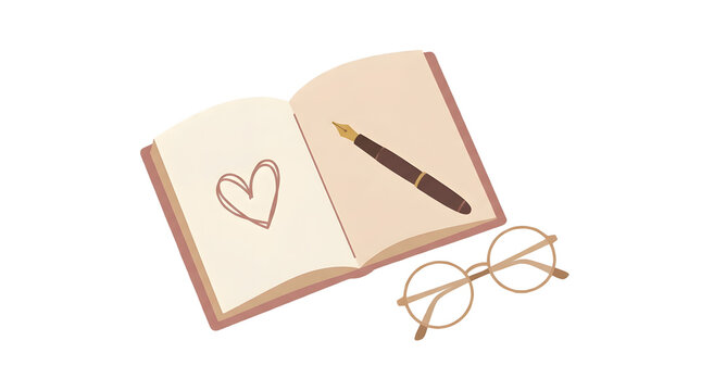 Open journal with heart drawing fountain pen and eyeglasses for mindfulness writing and self reflection practices.