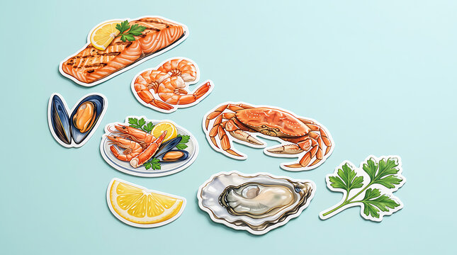 Fresh seafood collection with salmon crab shrimp mussel oyster and lemon slice