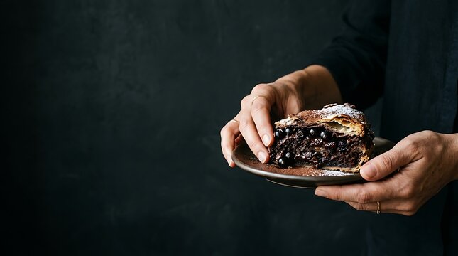 Hands holding a slice of chocolate blueberry pie on a dark plate