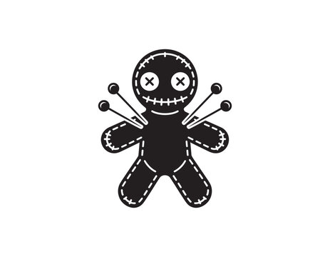 Black voodoo doll icon with pins