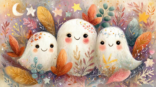 Cheerful ghost trio in colorful autumn backdrop.