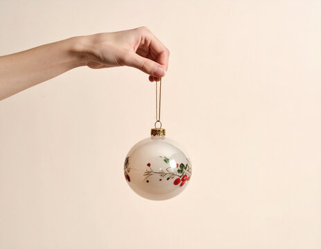 Hand Holding a Vintage Christmas Bauble on Neutral Background