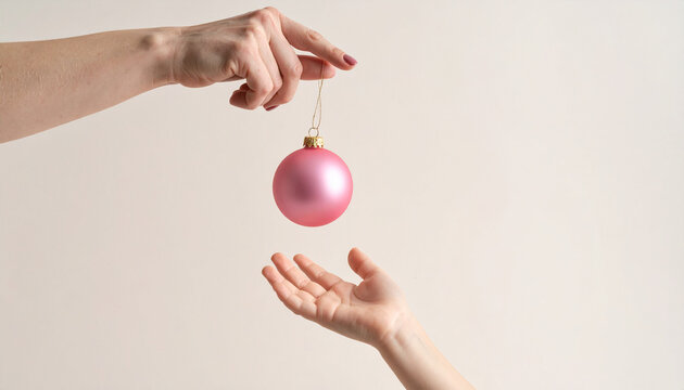 Hand Holding a Pink Bauble Above an Open Child Hand