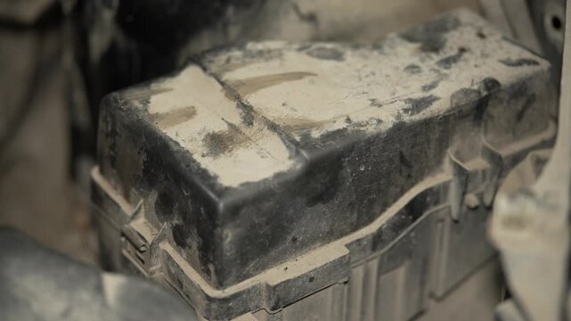 A close up of a dusty car engine fuse box.