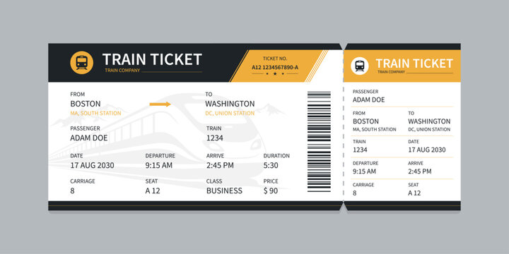 Vector flat train ticket template with passenger information and trip.