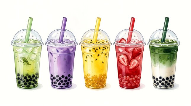 Set of five colorful bubble tea drinks with tapioca pearls isolated on white background