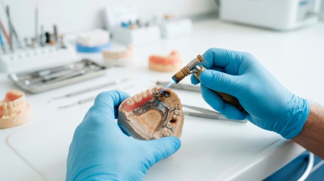 Gloved dental technician refining a removable partial denture framework with a rotary tool during precise prosthetic fabrication in a modern laboratory.