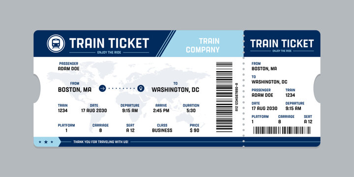 Vector flat train ticket template with passenger information and trip.