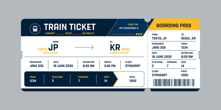 Vector flat train ticket template with passenger information and trip.