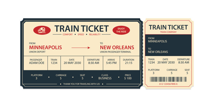 Vector flat train ticket template with passenger information and trip.