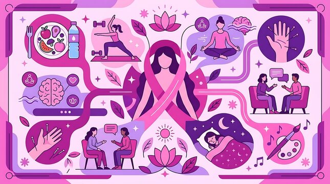 Holistic womens health and wellness concept with pink ribbon