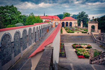 Fototapeta premium Spectacular summer view of Rose Garden in Decin Castle. Dramatic morning cityscape of Decin town, Usti nad Labem Region, Czech Republic, Europe. Traveling concept background.