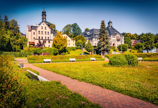 Bright summer view of Castelfidardo and Zum Friedefurst church. Splendid afternoon cityscape of Klingenthal - town, Vogtland region, Saxony, south-eastern Germany, Gulbene Municipality, Europe. 