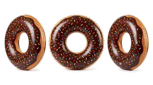 Three inflatable donut pool floats with chocolate frosting and colorful sprinkles isolated on white background