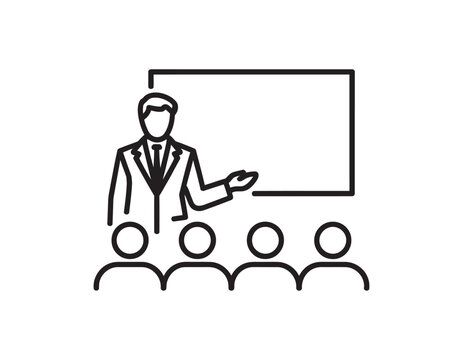 A line art icon depicting a professional presenter standing in front of a whiteboard while addressing a group of audience members
