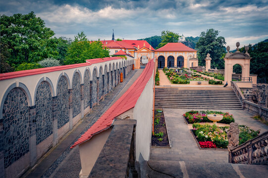 Spectacular summer view of Rose Garden in Decin Castle. Dramatic morning cityscape of Decin town, Usti nad Labem Region, Czech Republic, Europe. Traveling concept background.