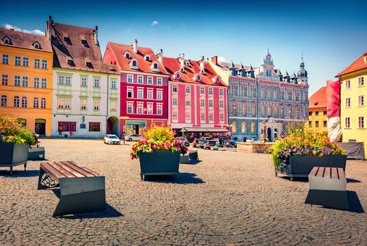 Impressive summer cityscape of Cheb - town in the Karlovy Vary Region. Amazing afternoon scene of old colorful buildings, Czech Republic, Europe. Traveling concept background.